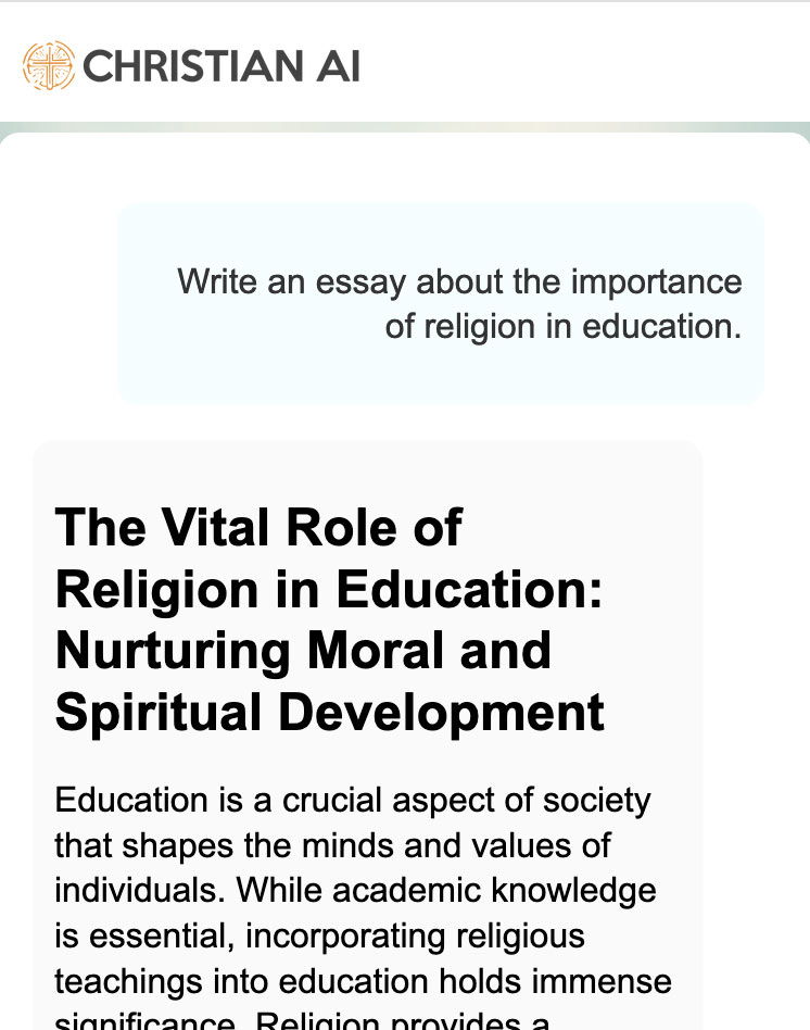 AI writing an essay about the importance of religion